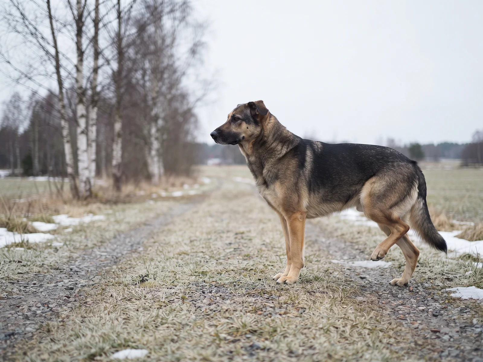 Hund står stille på en tursti og holder det ene bakbeinet løftet fra bakken, med vekten på de tre andre