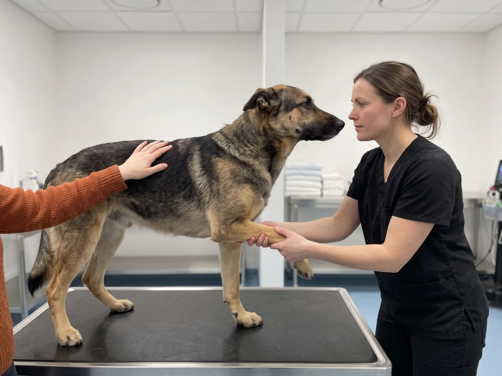 Veterinær bøyer hundens håndledd forsiktig mens hun ser hunden i øynene, og eieren hviler hånden på ryggen
