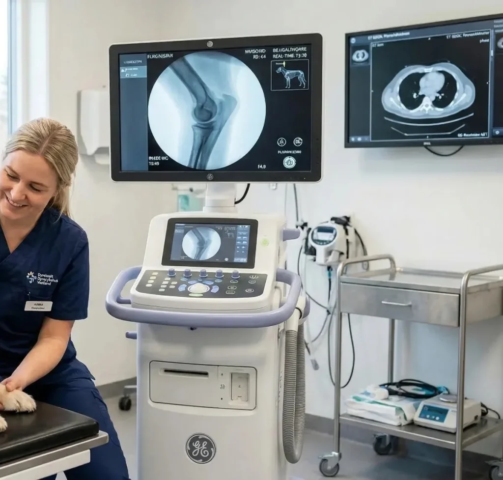 Veterinær ved Dyreklinikken Tertnes med hund i behandlingsrom