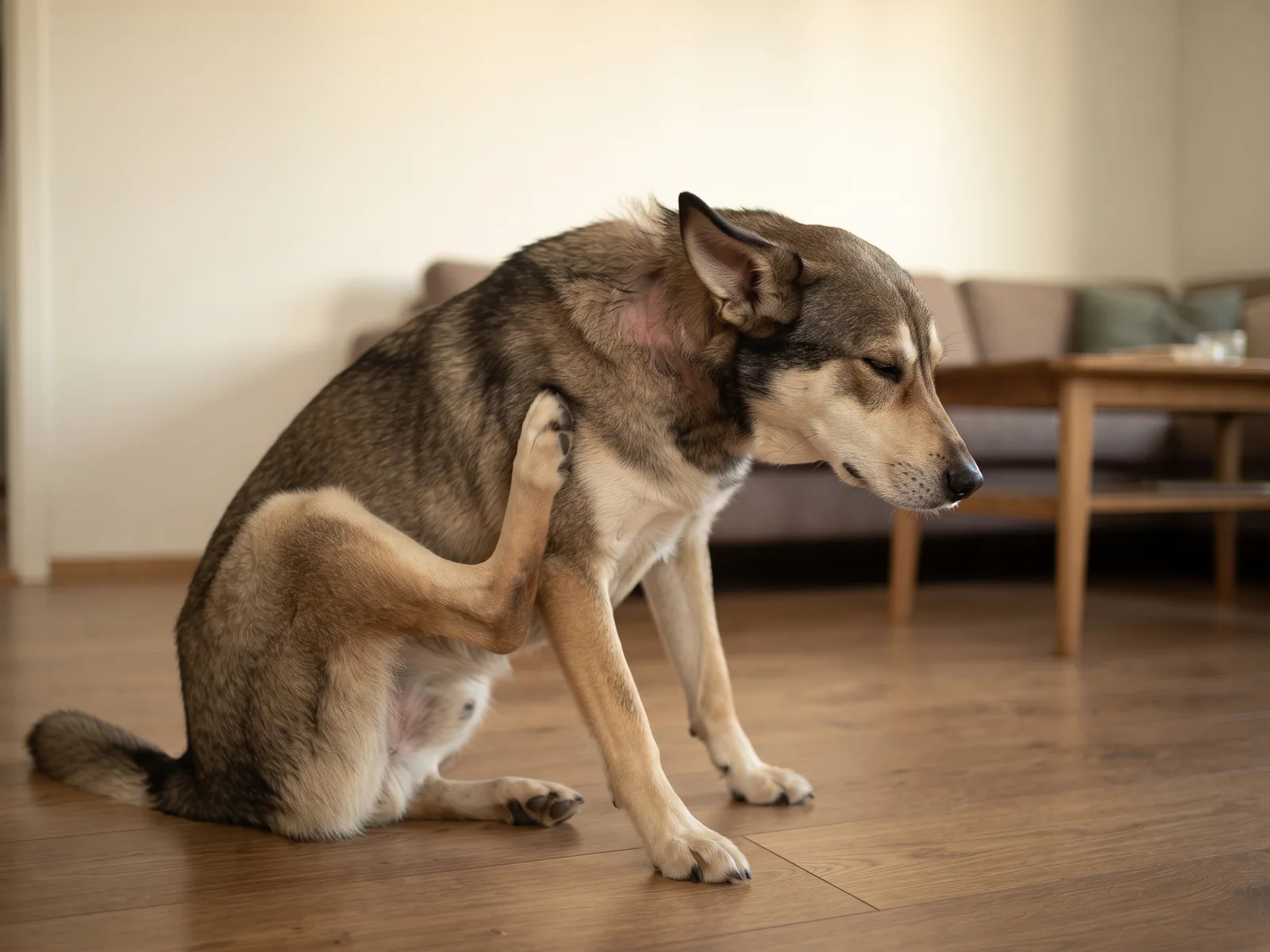 Hund sitter på stuegulvet hjemme og klør seg i halsen med bakbeinet, med et tynnere parti i pelsen der hun klør