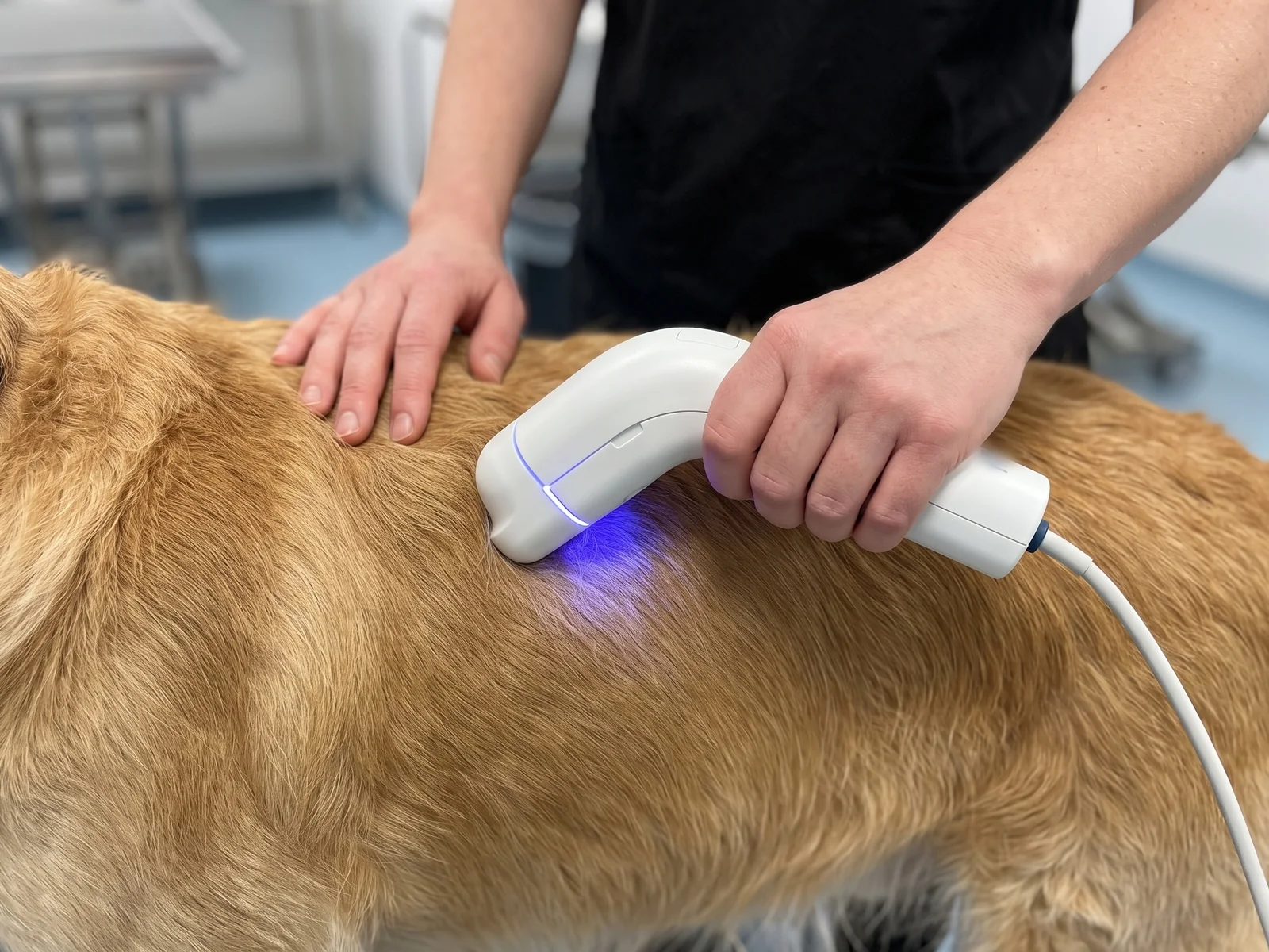 Veterinær holder HT Vista-skanneren mot pelsen på hundens side mens den blå gløden lyser opp håret ved kontaktpunktet