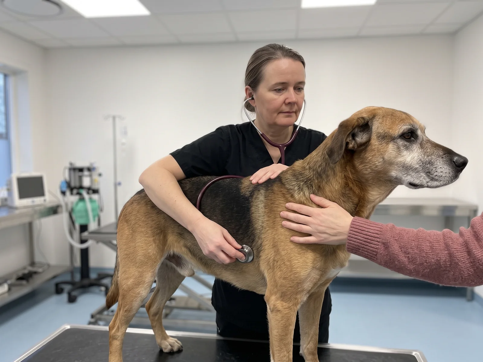 Veterinær lytter på lungene til en eldre hund med stetoskop mens eieren hviler hånden på skulderen