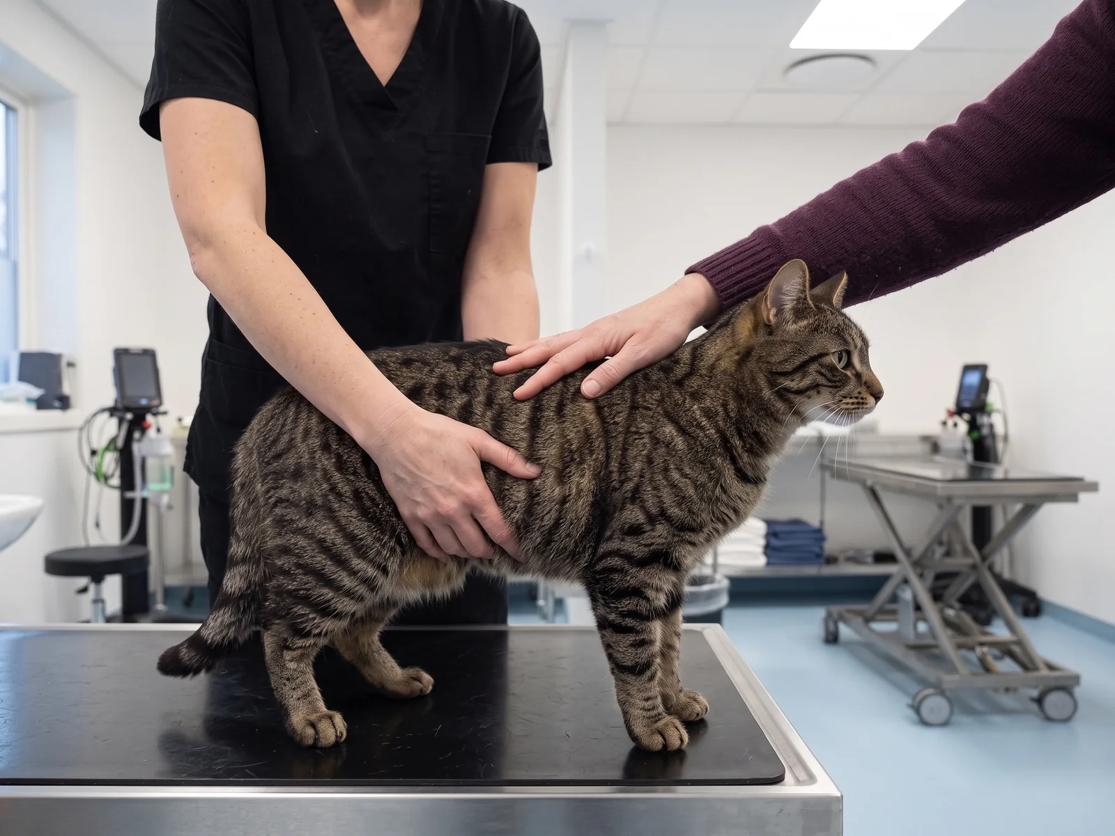 Veterinær kjenner forsiktig gjennom buken på en katt som står rolig på undersøkelsesbordet, mens eieren hviler hånden på ryggen