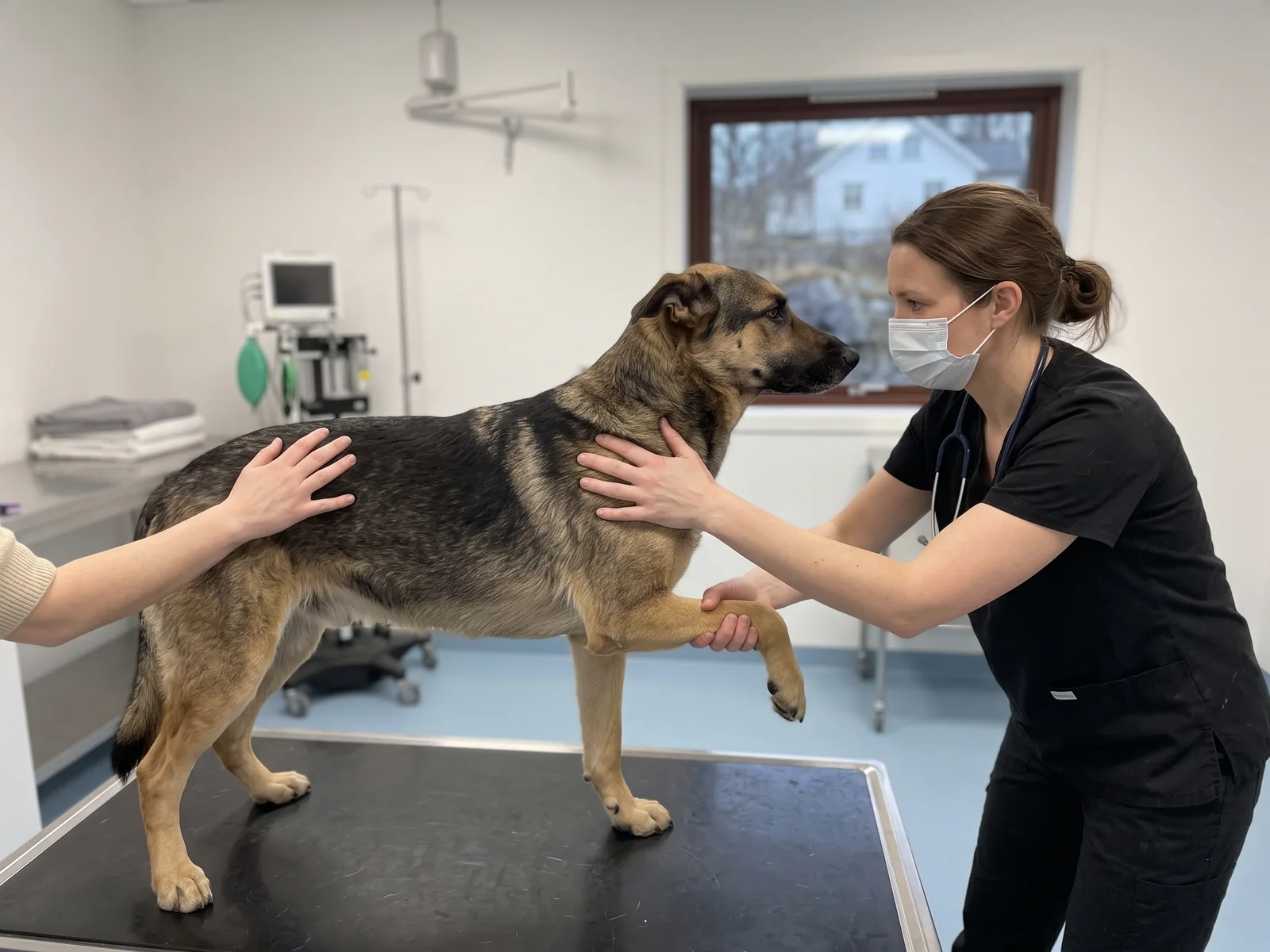 Veterinær holder hundens forbein framover og ser hunden i øynene mens hun kjenner på skulderleddet