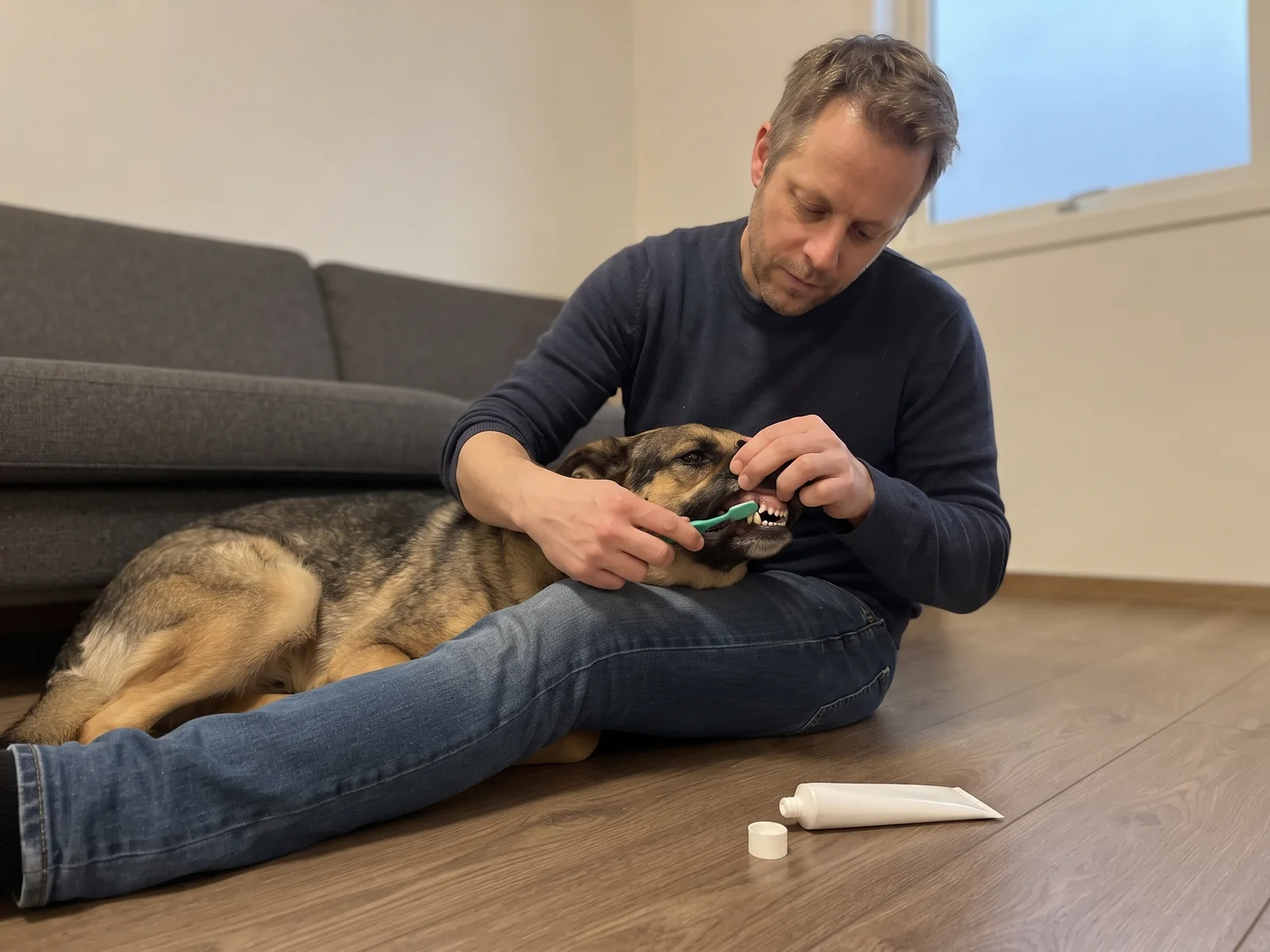 Eier sitter på stuegulvet med hunden over fanget og pusser tennene hennes med en tannbørste, mens tannkremtuben ligger på gulvet ved siden av