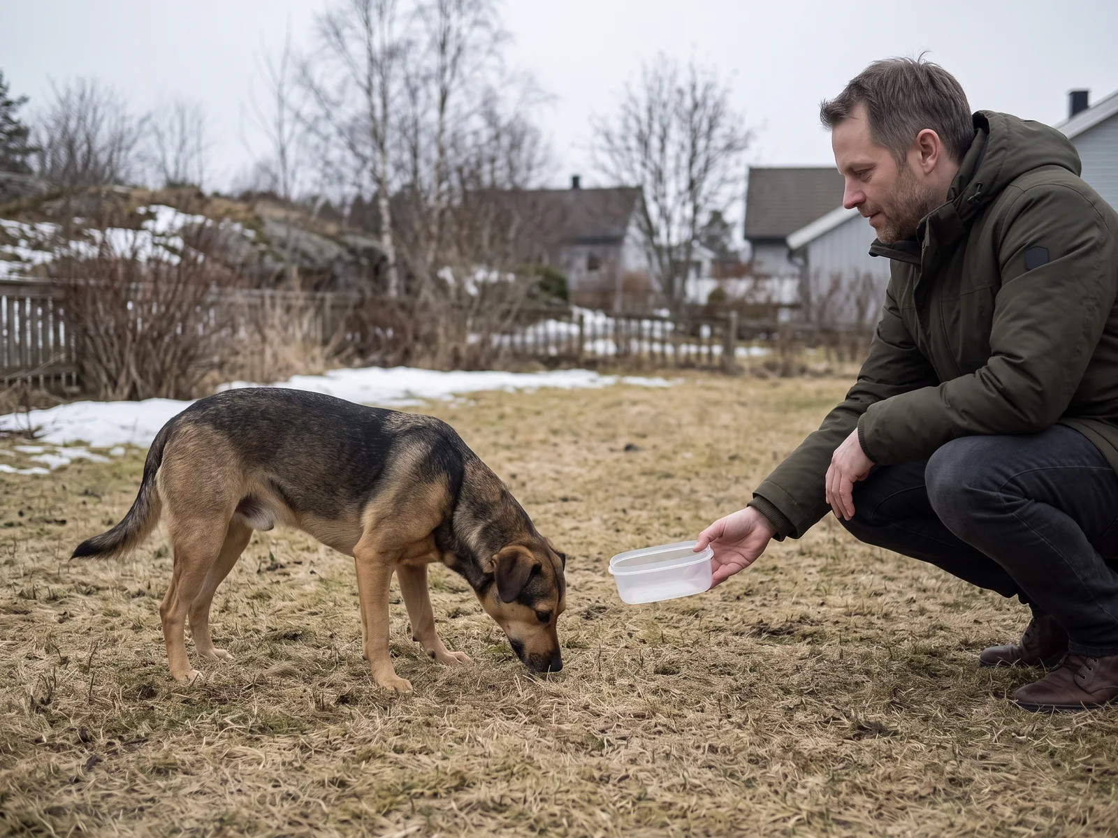 Hundeeier sitter på huk i hagen med en grunn prøvebeholder på strak arm mens hunden snuser i gresset