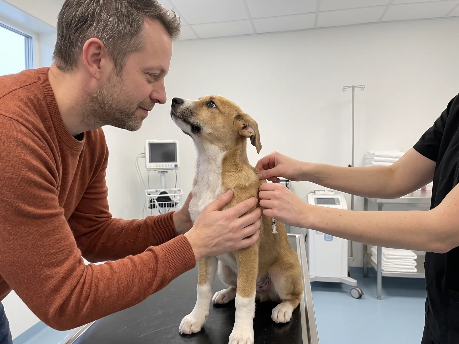 Valp sitter på undersøkelsesbordet og ser opp på eieren sin mens veterinæren setter vaksinen