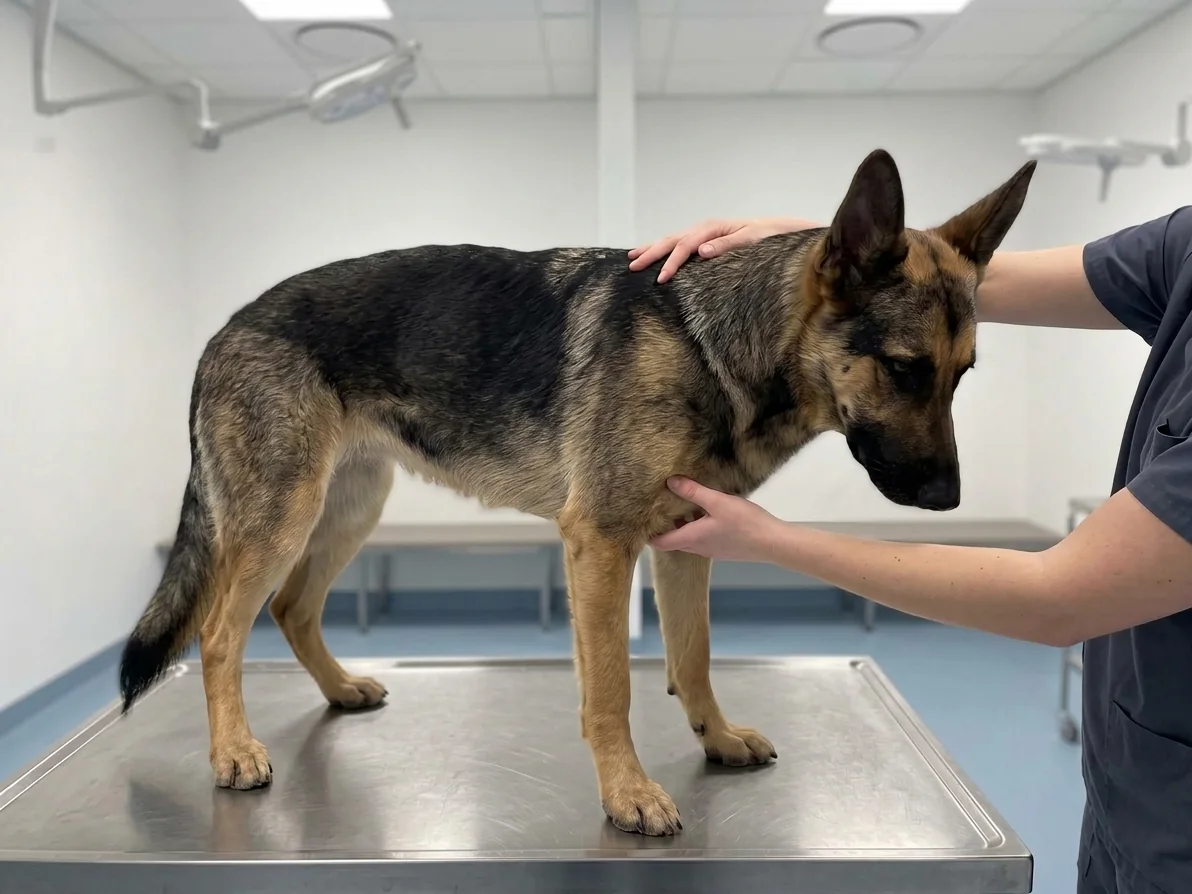 Ung schäfer står rolig på undersøkelsesbordet mens veterinæren kjenner på albuen med én hånd og hviler den andre på skulderbladet.