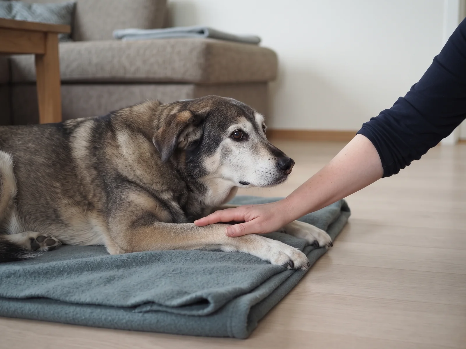 Eldre hund med grå snute ligger våken og rolig på et teppe på stuegulvet, med eierens hånd hvilende på forbeinet