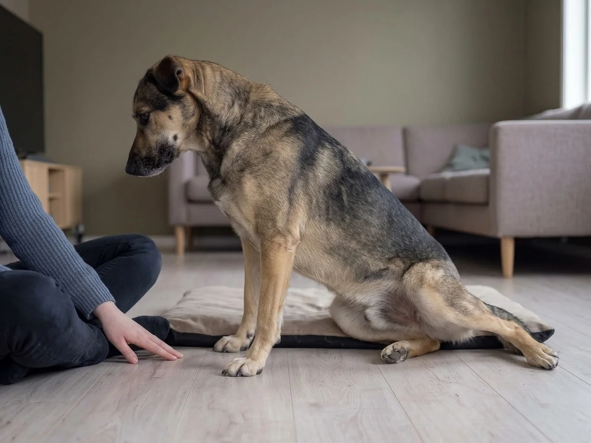 Hund reiser seg langsomt fra hundesengen hjemme – framparten er oppe, bakparten ligger fortsatt, mens eieren sitter på gulvet ved siden av