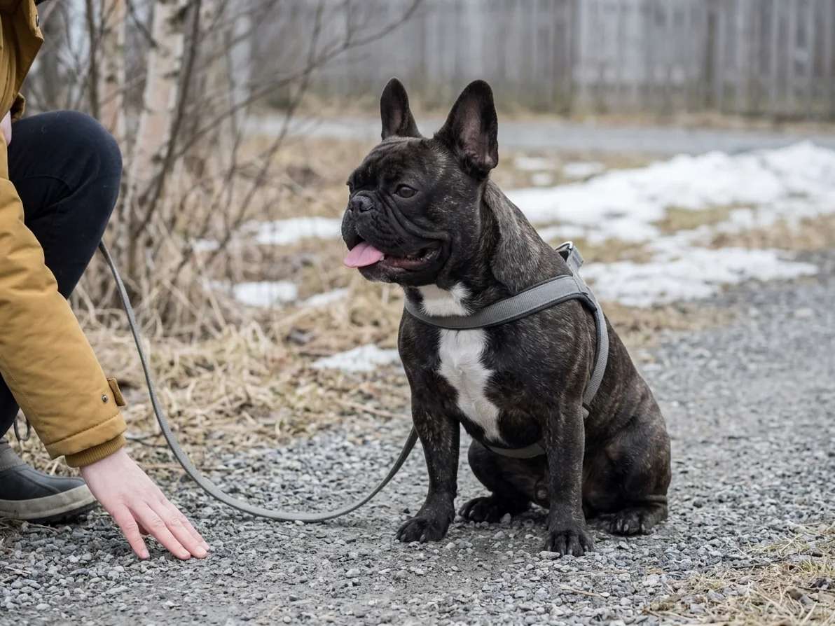 Fransk bulldog har stoppet og satt seg på stien en grå vinterdag og puster med åpen munn, mens eieren har satt seg ned ved siden av og venter