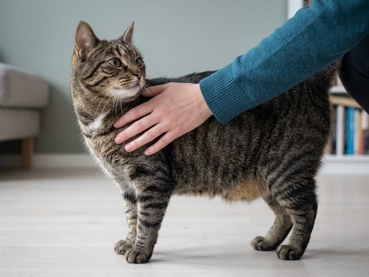 Eieren legger en flat hånd langs kattens side for å kjenne etter ribbeina, mens katten står rolig på gulvet hjemme