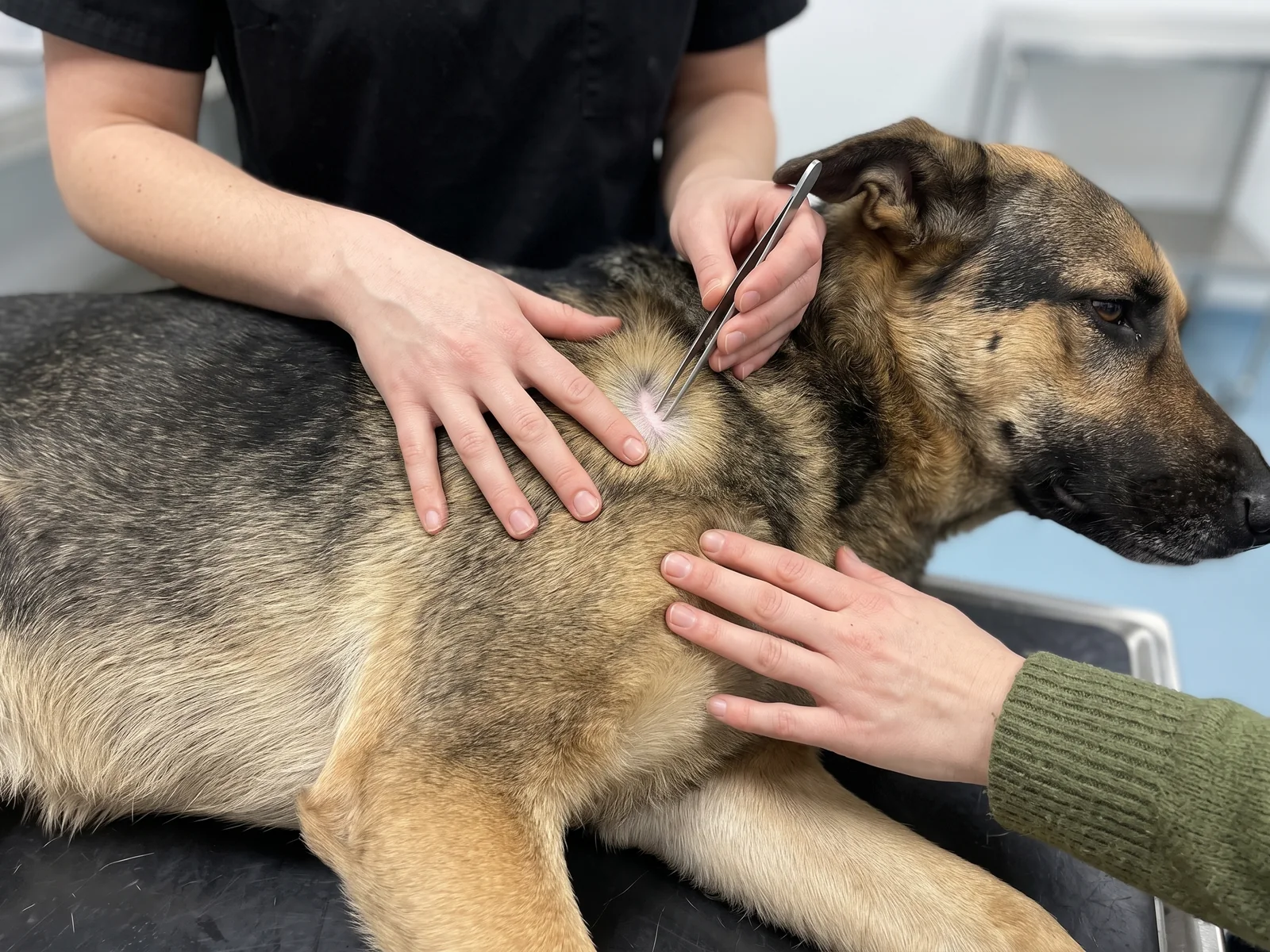 Naerbilde av at pelsen skilles med fingrene slik at huden blir synlig, og en fin pinsett foeres ned mot huden for aa fjerne en flaatt, mens eierens haand hviler paa hunden
