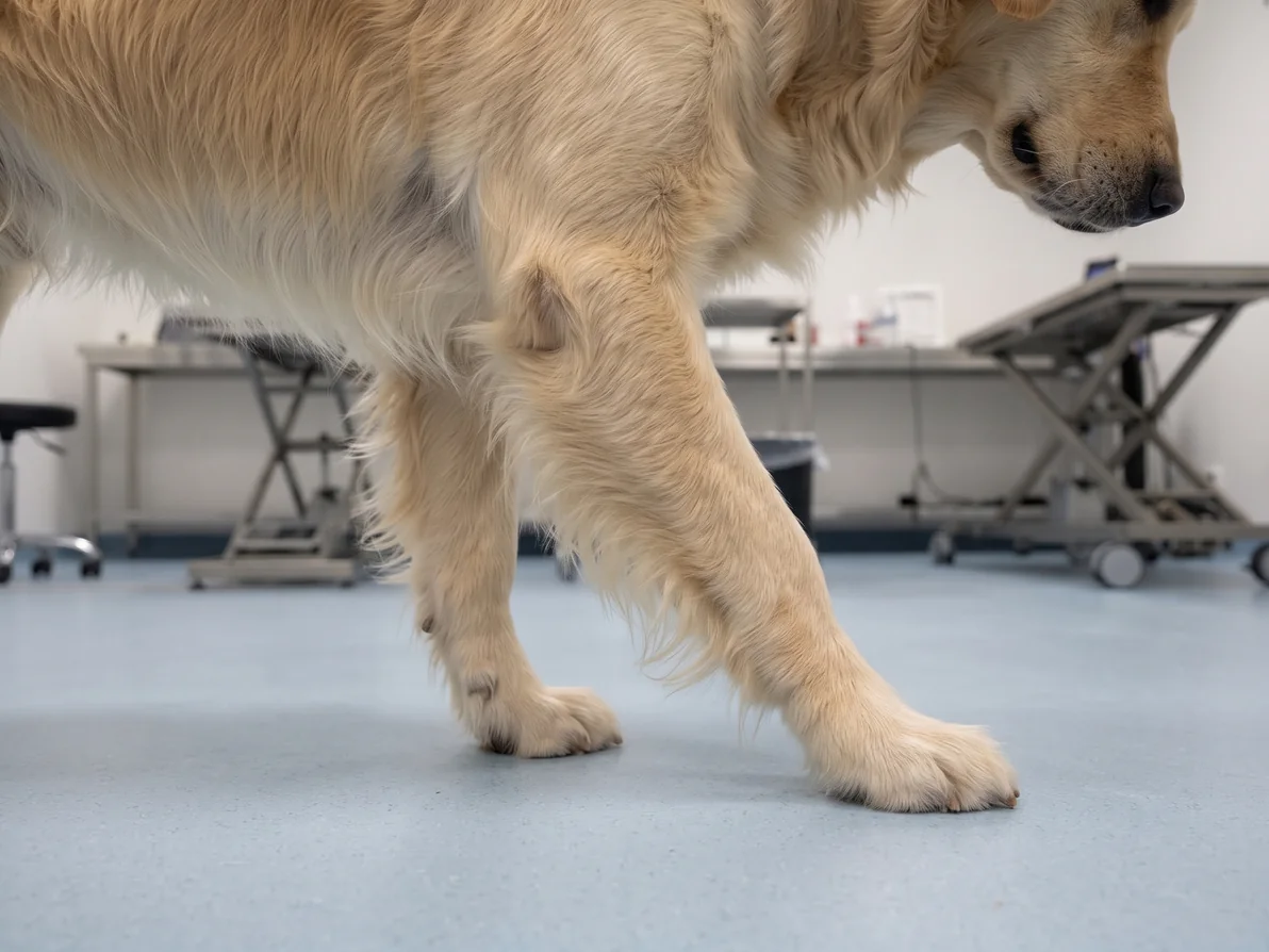 Nærbilde av forbeina til en voksen golden retriever som står på klinikkgulvet og senker hodet mot sine egne håndledd.
