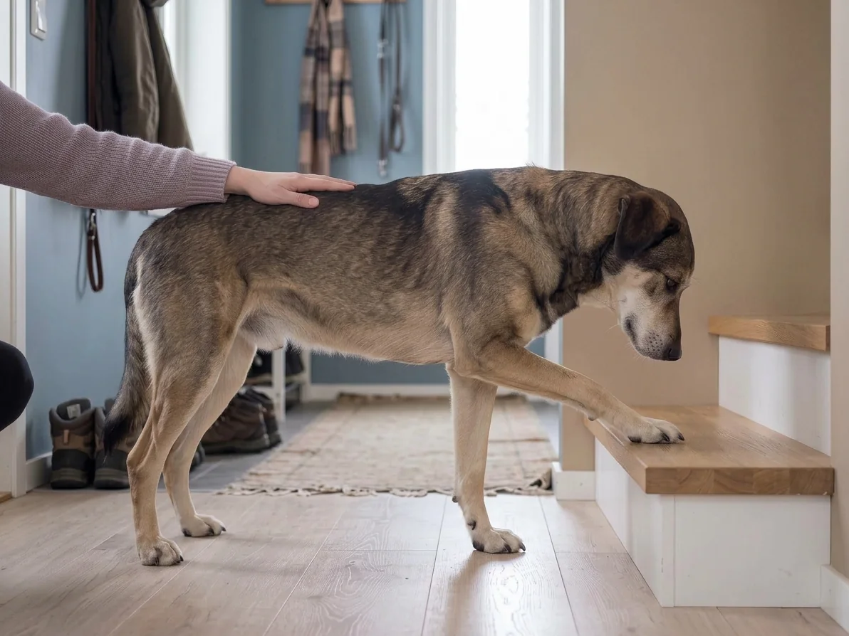 Eldre hund stopper med én forlabb på nederste trinn i gangen hjemme, mens eierens hånd hviler rolig på ryggen