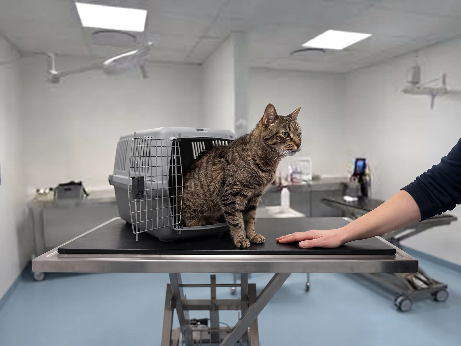 Eldre katt sitter i åpningen på sitt eget transportbur på undersøkelsesbenken, mens en veterinærs hånd ligger rolig på benken uten å ta i henne