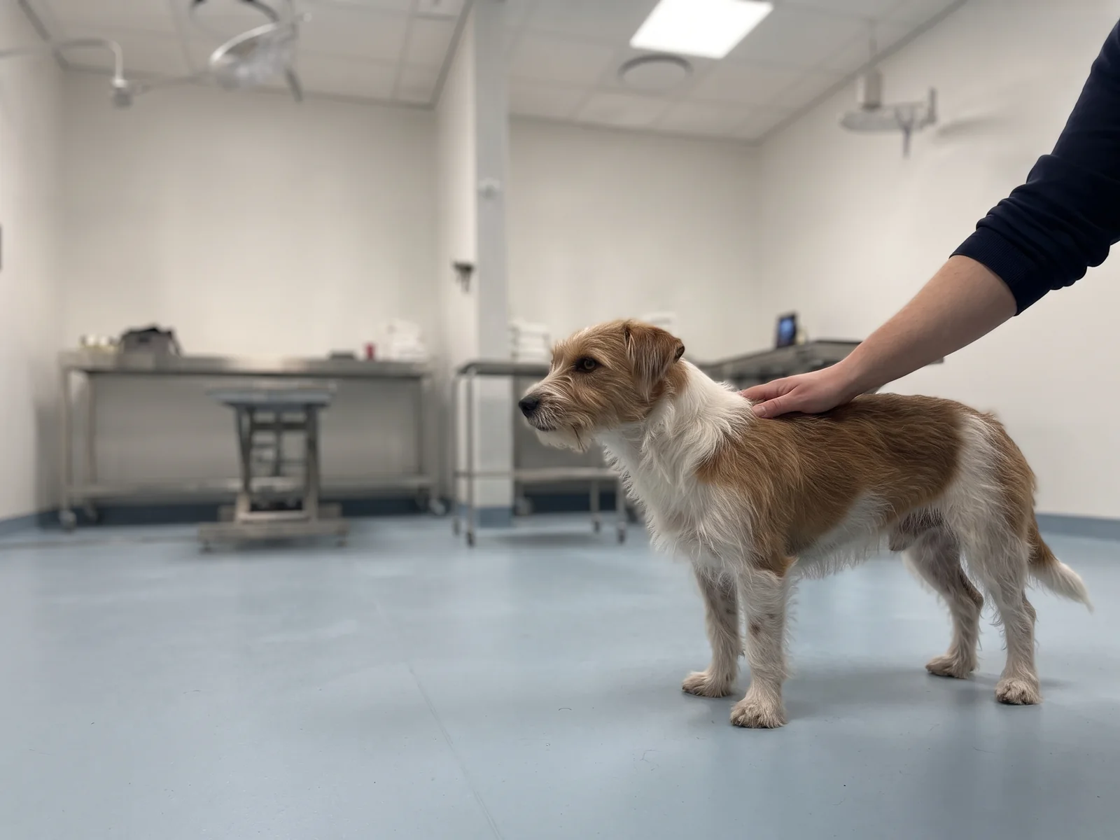 Ung hund står rolig på alle fire på gulvet i et behandlingsrom mens en veterinær holder en hånd på ryggen hans
