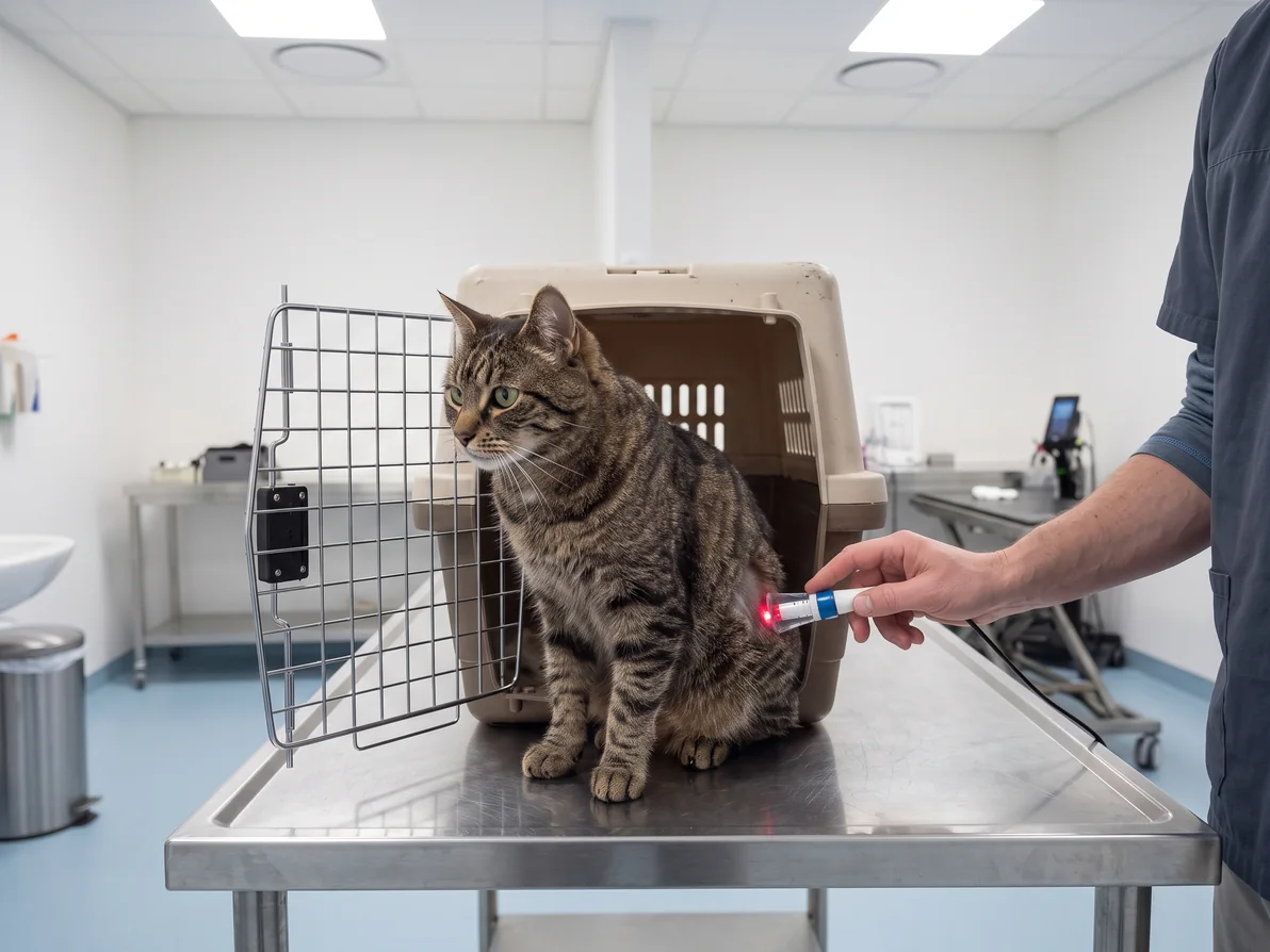 Eldre katt sitter rolig på undersøkelsesbordet foran sitt eget åpne bærebur mens veterinæren holder terapilaserens håndstykke mot hoften.