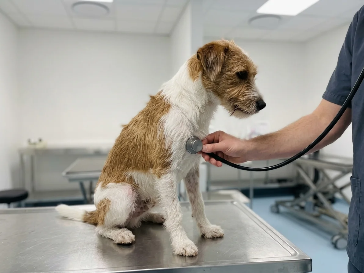 Liten ruhåret terrier sitter oppmerksom på undersøkelsesbordet mens veterinæren lytter på brystet med stetoskop.