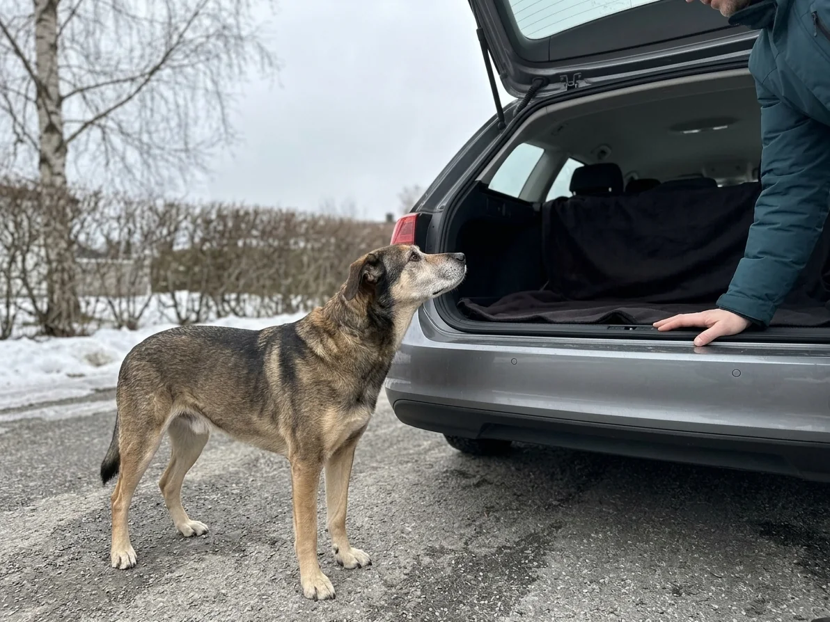 Eldre hund med grå snute står på bakken bak et åpent bagasjerom og ser opp i åpningen, mens eierens hånd hviler rolig på karmen