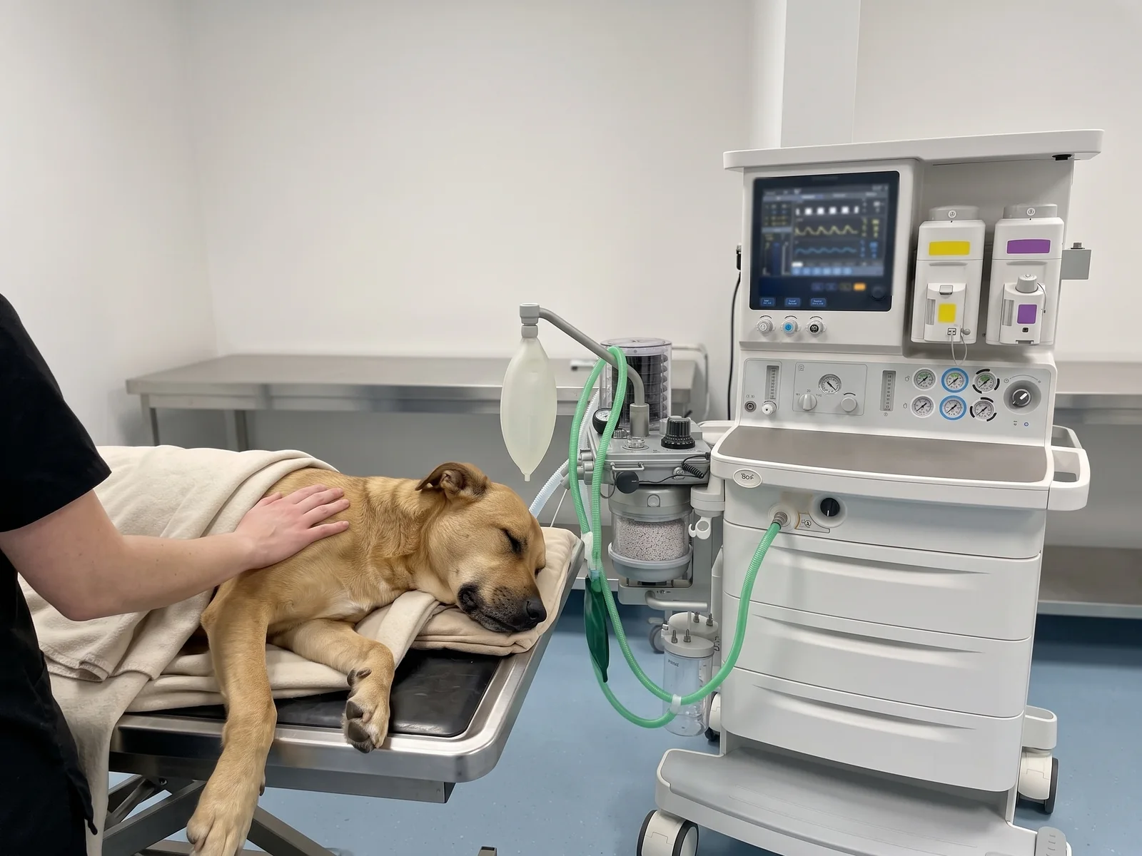Hund sover under narkose på bordet med teppe over seg mens en hånd hviler på skulderen og anestesiapparatet går med kurvene på skjermen