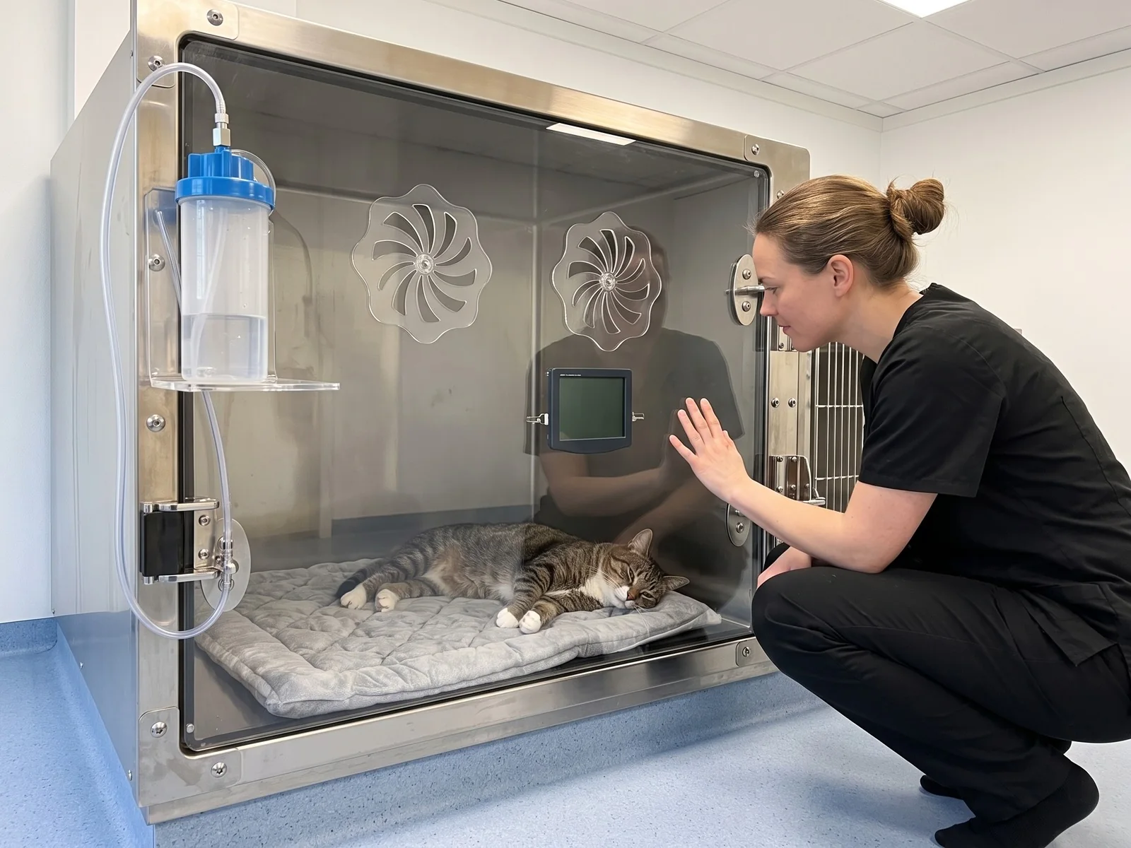 Katt ligger rolig paa en graa matte inne i oksygenburet med lukket doer og lukket munn, mens en dyrepleier i sort uniform sitter paa huk utenfor med haanden mot doeren