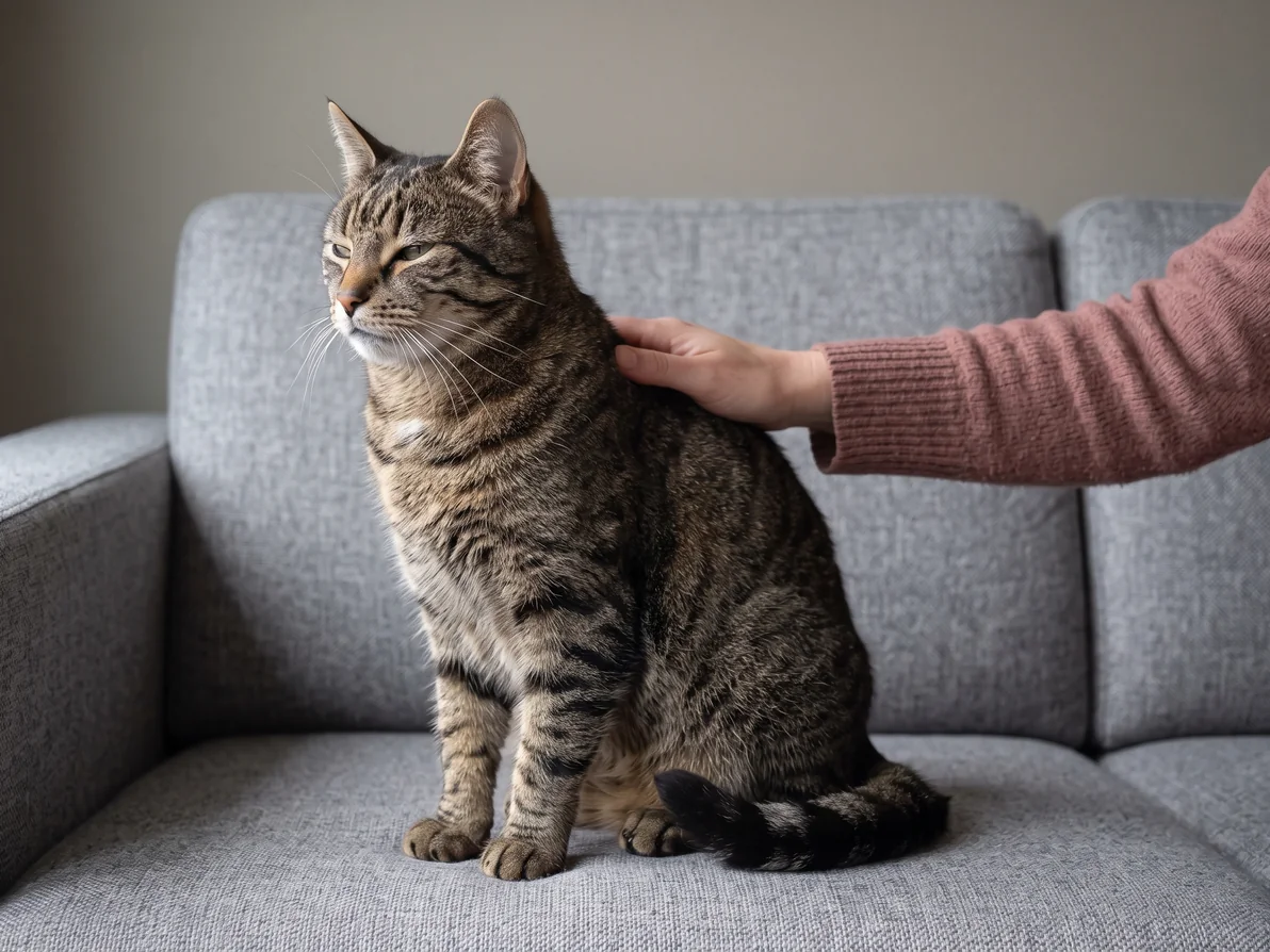 Eldre katt sitter rolig på sofaen hjemme med halvlukkede øyne mens eierens hånd hviler på ryggen – ingenting skjer, de bare sitter sammen