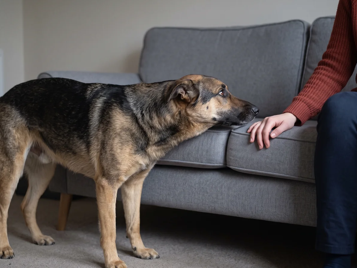 Hund står på gulvet og legger hodet ned på sofasetet den pleide å hoppe opp i, mens eierens hånd hviler rolig ved siden av