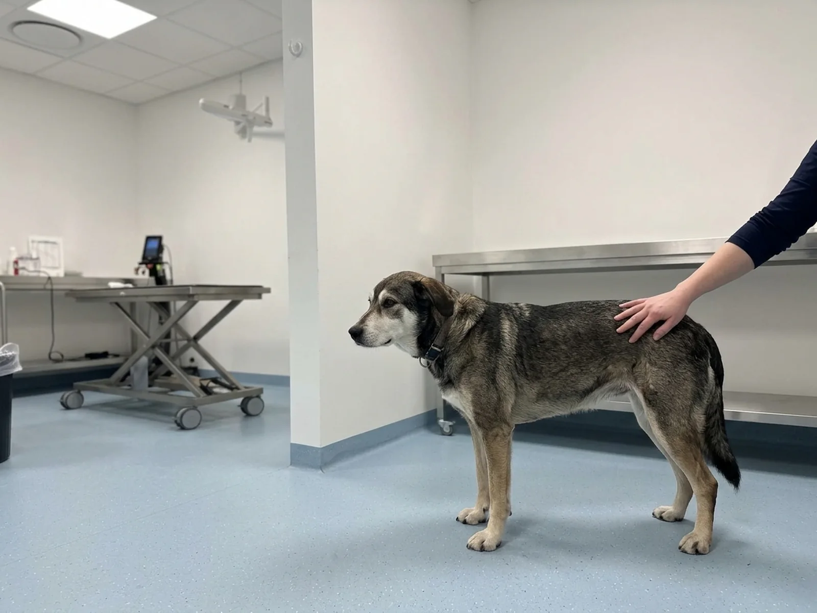 Eldre hund med grå snute står rolig på alle fire på gulvet i et behandlingsrom mens en veterinær legger en hånd langs ryggen hennes