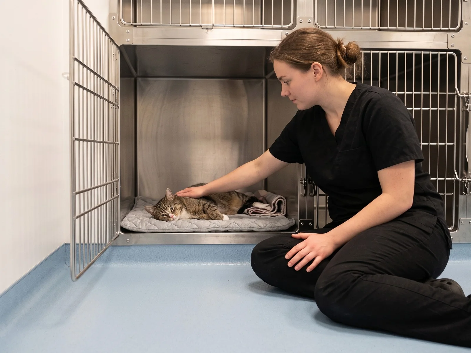 Katt ligger paa en graa matte i et aapent staalbur i gulvhoeyde mens en dyrepleier i sort uniform sitter paa gulvet foran med haanden hvilende paa katten