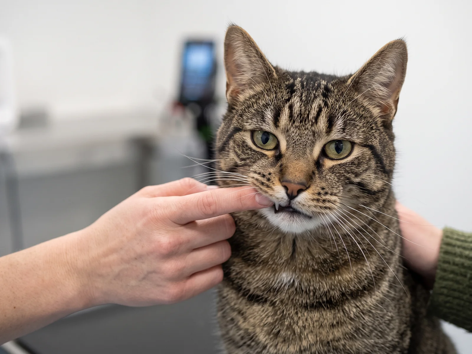 Naerbilde av en rolig katt med oerene fram mens en finger loefter overleppen saa hjoernetannen og tannkjoettet blir synlig, og eierens haand hviler paa skulderen