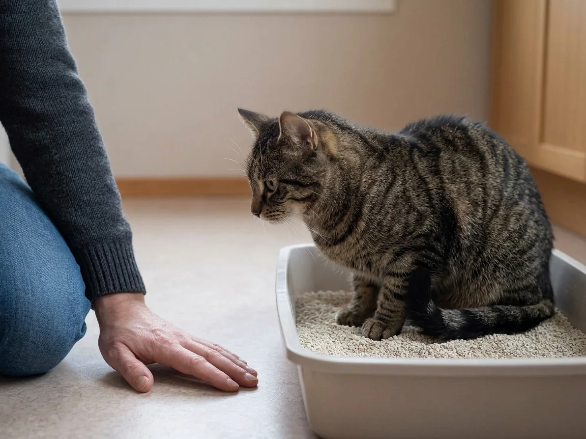 Katt sitter krøpet i kattekassa hjemme uten at det kommer noe, mens eieren har satt seg ned på gulvet ved siden av med hånden rolig på gulvet