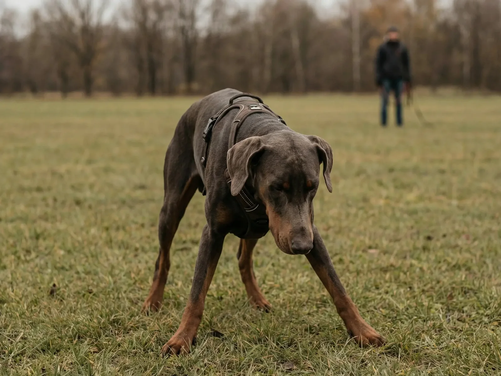 Dobermann staar ute paa et jorde med hodet holdt lavt og forbeina spredt, et typisk tegn paa wobbler syndrom, mens eieren staar i bakgrunnen