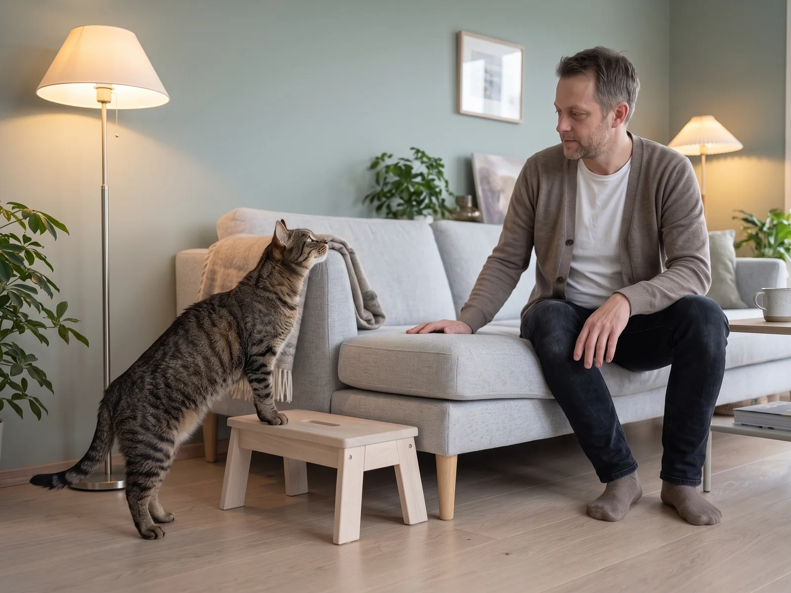 Katt setter forbeina på en lav krakk foran sofaen mens eieren sitter og ser på