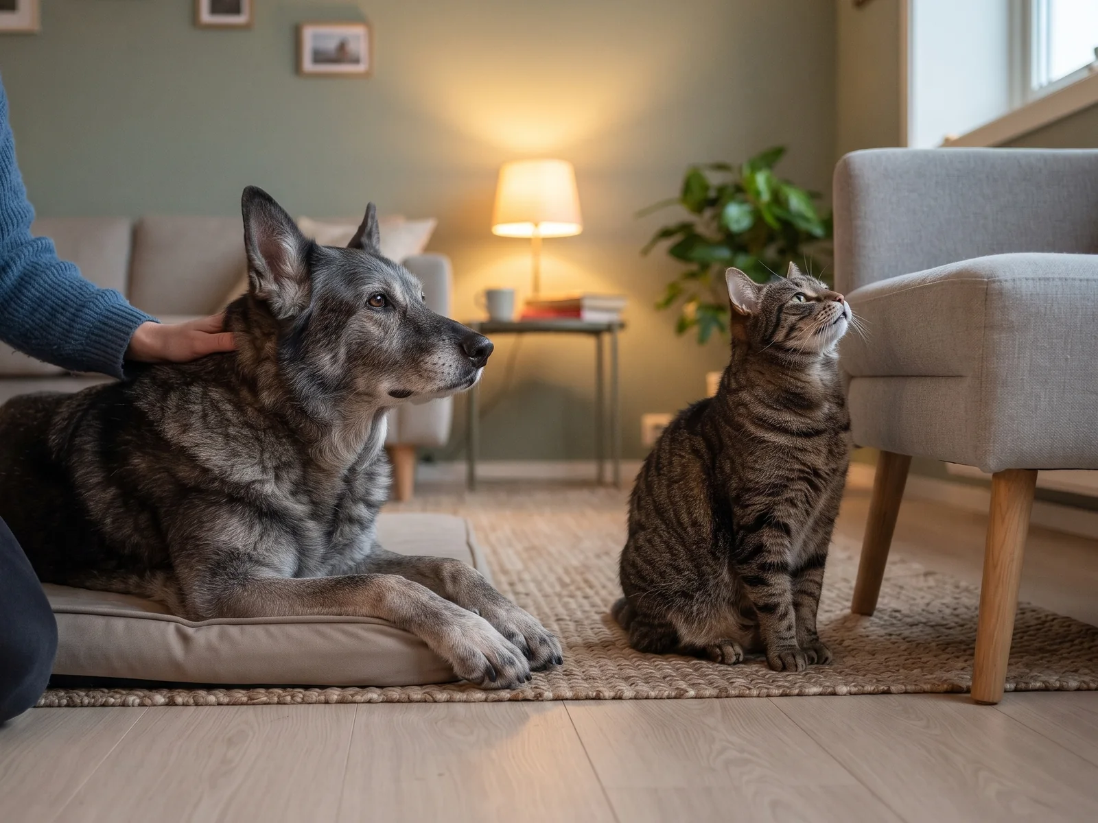 Eldre hund ligger på hundesengen med eierens hånd på nakken og ser på katten, som sitter på teppet og ser opp mot lenestolen hun ikke lenger hopper opp i