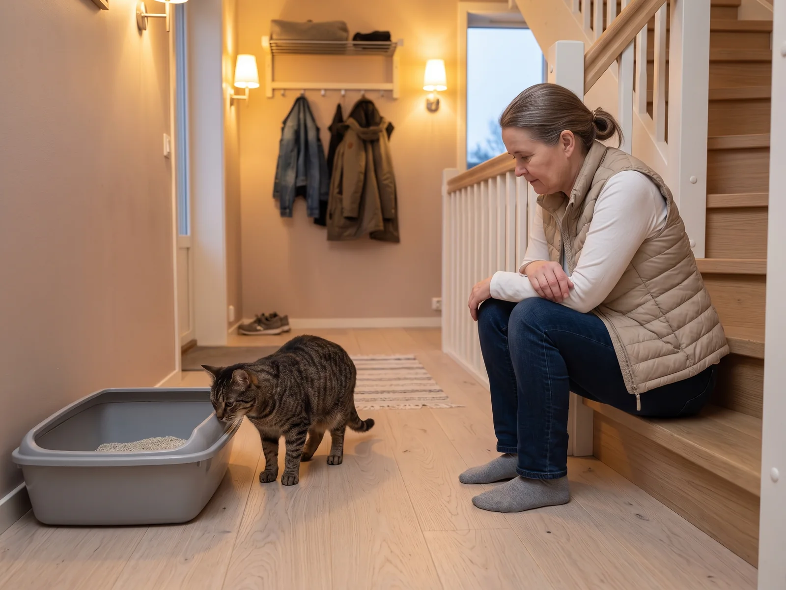 Katt snuser på en stor, åpen kattedo i gangen mens eieren sitter i trappa