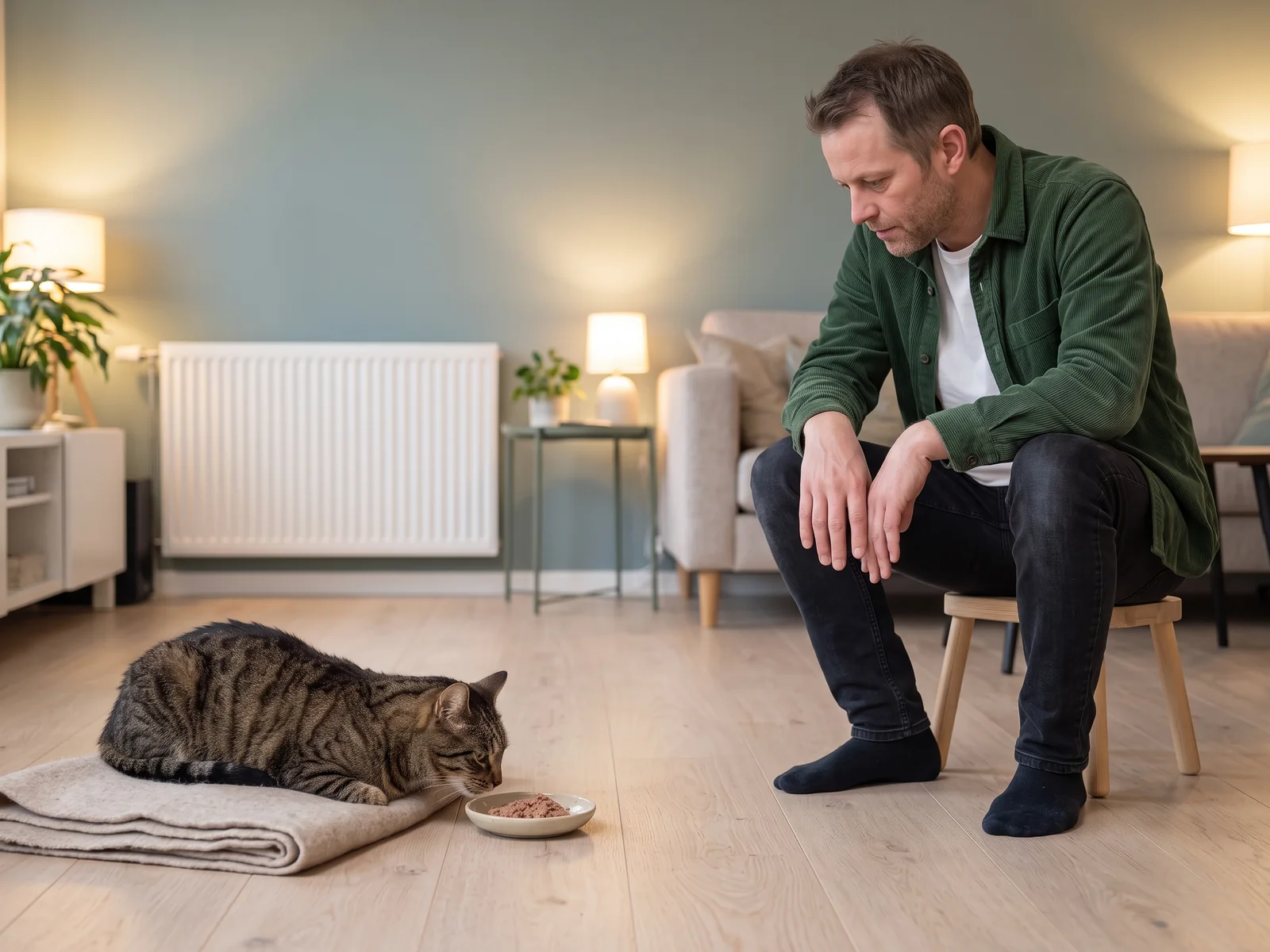 Katt ligger på et pledd og snuser på en skål med most mat mens eieren venter på en krakk