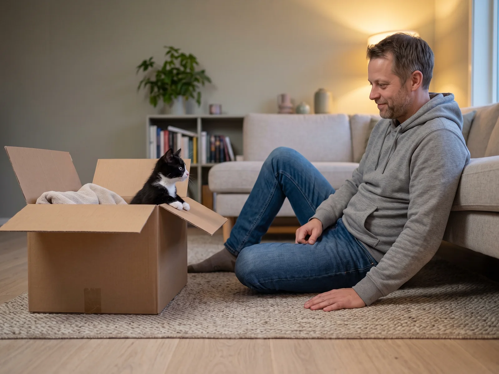Svart og hvit kattunge titter opp av en pappeske mens eieren sitter rolig på gulvet