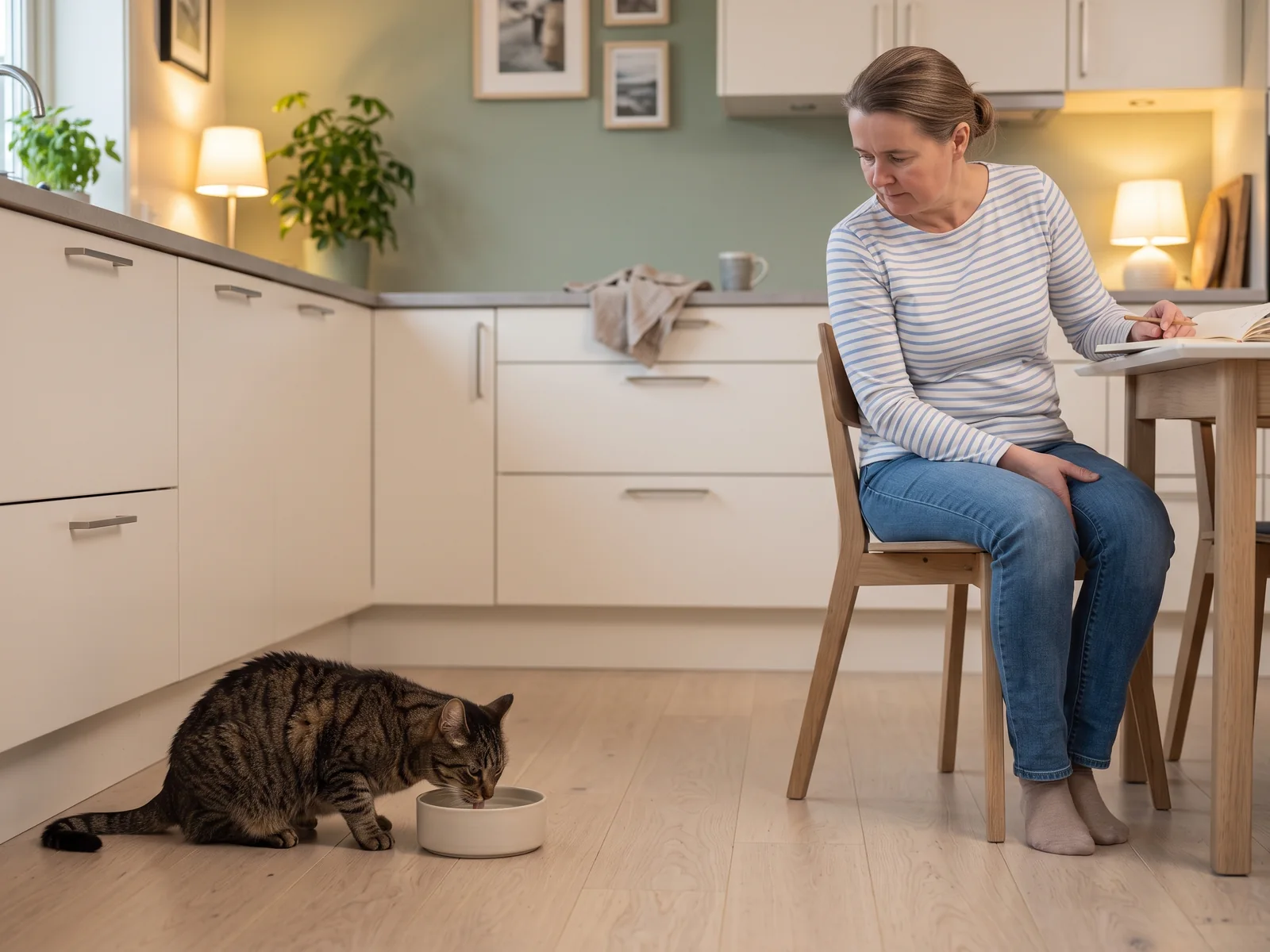 Katt drikker av en vannskål på kjøkkengulvet mens eieren noterer ved bordet
