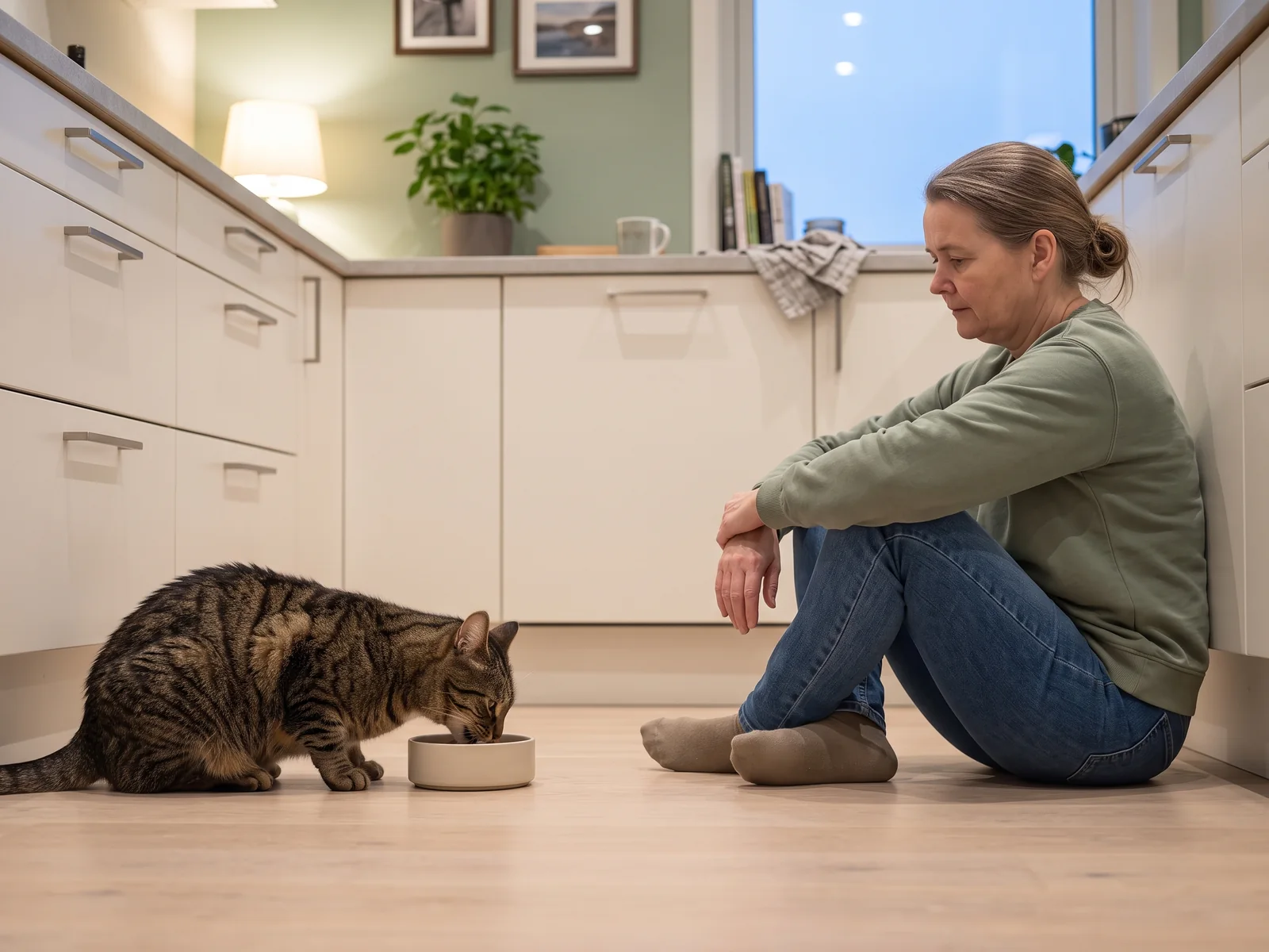 Katt spiser av en skål på kjøkkengulvet mens eieren sitter på gulvet og ser på